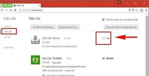 Không tải được video bằng Cốc Cốc do tiện ích Savior bị tắt