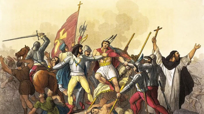 Bức ảnh minh họa cảnh đoàn quân của Francisco Pizarro González bắt được hoàng tử Inca, Atahualpa.