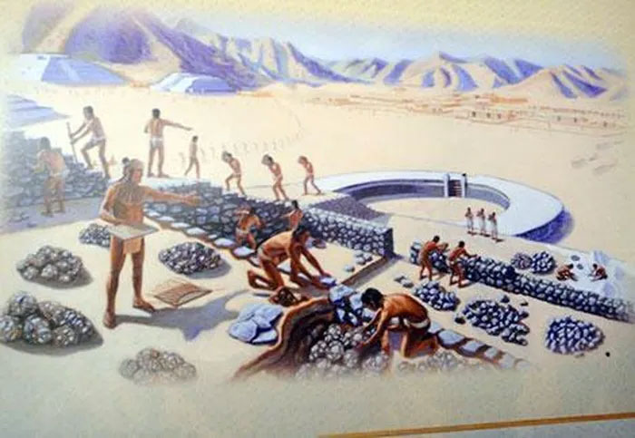 xay-kim-tu-thap-o-norte-chico Hình vẽ mô phỏng cảnh xây dựng kim tự tháp ở Norte Chico.